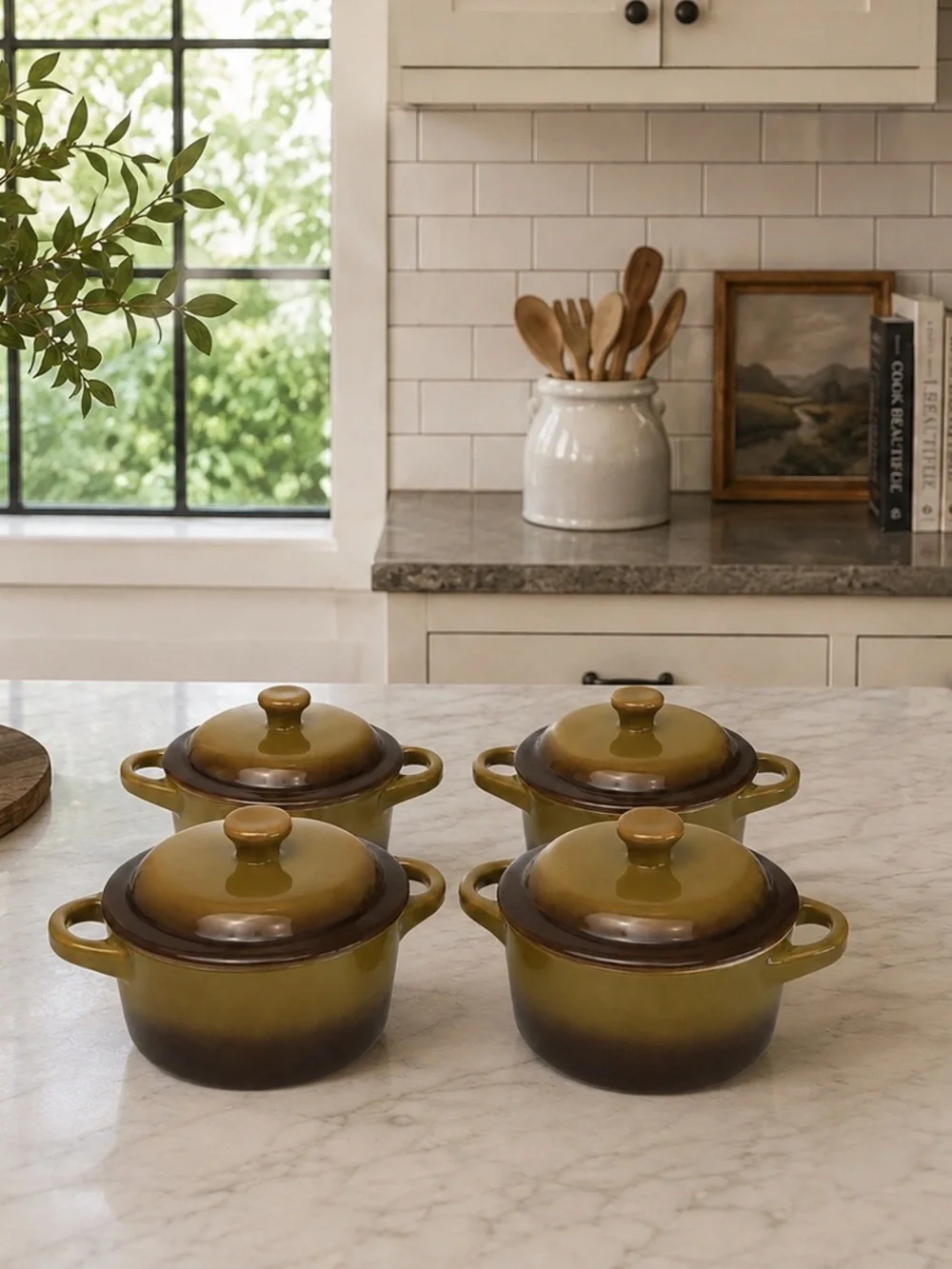 World Market Olive Green and Brown Mini Stoneware Casserole Set (4)